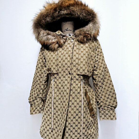 New Real Mink Fur-Lined Parka Coat Jacket Vest Raccoon Brown Tan Printed No Fox - Picture 1 of 5